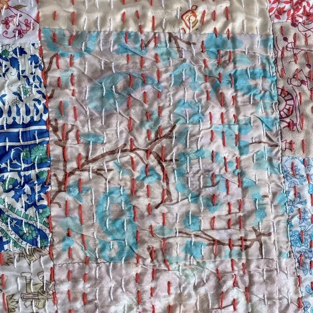 Kantha Silk Blend Throw Blanket Patchwork Quilt Multicolor  66” x 86”